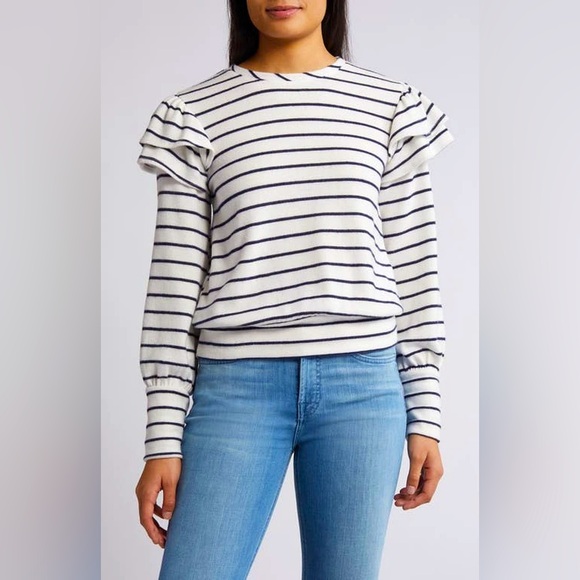 Caslon Tops - Caslon(r) Stripe Double-Layer Ruffle Shoulder Sweatshirt Top Bailey at Nordstrom